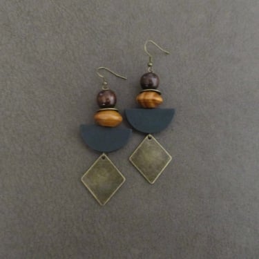 Wooden earrings, Afrocentric earrings, African earrings, bold earrings, statement earrings, geometric earrings, rustic bronze earring green0 