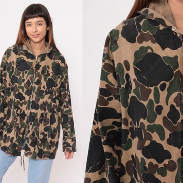 Hooded Camouflage Jacket 90s Military Camo Hood Jacket Army Commando Cargo Hoodie 1990s Vintage Zip Up Oversized Large xl 