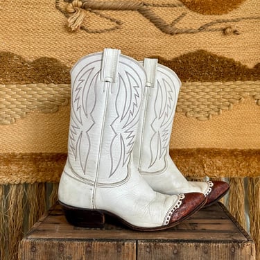 VINTAGE NOCONA TEXAS 1960s Leather Western Boots | 60s White Cowgirl Boots | Pointed Toe | Lizard Pointed Toe | Women's Size 7C 