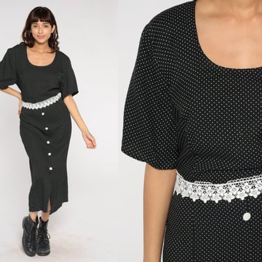 90s Polka Dot Dress Black and White Ankle Length Maxi Grunge Gothic Lace Trim Short Sleeve Button Up Day Dress Retro Vintage 1990s 2xl xxl 