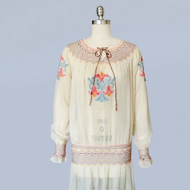 1920s Dress / 20s Embroidered Cotton Peasant Dress /Electric Easter Colors / Cross Stitch Embroidery 