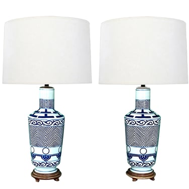 Pair of Blue and White Decorated Porcelain Lamps