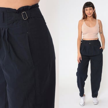Black Pleated Trousers 90s High Waisted Pants Vintage Baggy Tapered Leg Buckle Waist Paper Bag Mom Pants 1990s Large 12 