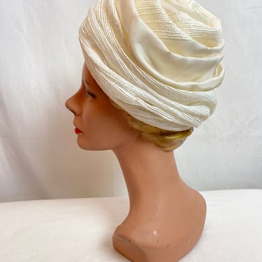1960’s ivory Ladies hat~ beehive style tall pillbox dressy cloth hat special occasion spiraling retro MCM stylish millinery mod 
