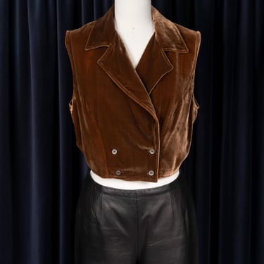 Early 90s Kenar Studio Brown Velvet Double Breasted Vest with Open Tie Back 