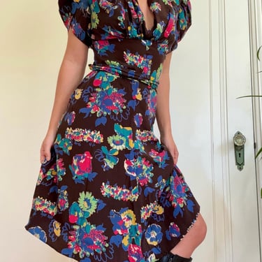 Vintage 1940s Silk Floral Puff Sleeve Bias Cut Dress Small Mid Calf by TimeBa