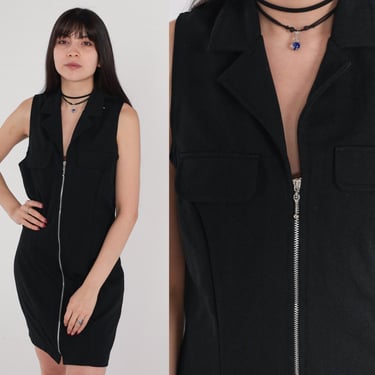 Black Mini Dress 90s Mini Zip Up Dress Sleeveless Sheath Front Simple Plain Vintage 1990s Minidress Collared Medium 