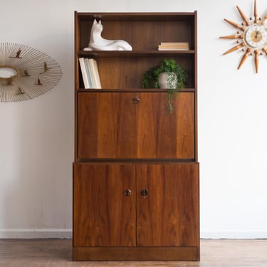 Vintage MCM Belgian Bookcase with Drop Down Desk/Bar in Walnut 