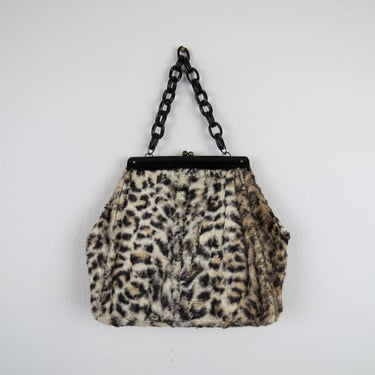 Vintage 1960s leopard print handbag, purse, bag, faux fur, mod 