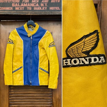 Vintage 1960’s Made in U.K. Two-Tone “Honda” Motorcycle Cafe Racer Leather Jacket, 60’s Leather Jacket, 60’s Racing Jacket, Vintage Clothing 