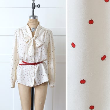 vintage 1970s 80s white blouse • novelty print tiny red apples bow collar top 