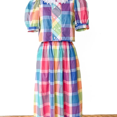 1950s Colorful Plaid Skirt Set, sz. XS