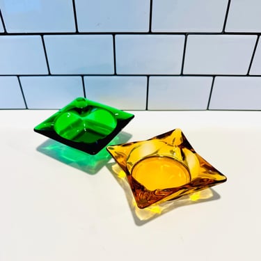 Vintage Amber Yellow and Green Glass Retro Ashtray, Glass Ashtray, 420 Gift, Tobacciana, 1970s Glass 