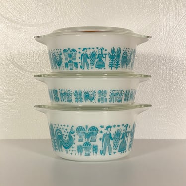Pyrex Promotional (All Turquoise on White) Butterprint 470 Casserole Set 
