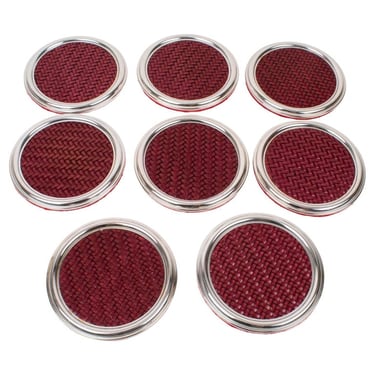 Mid-Century Silver Plate and Red Leather Coasters Set, Italy 1960s