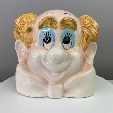Vintage Clown Head Vase Planter | Bald Clown Big Smile Long Eyelashes Big Bow Head Vase | Nursery vase planter | Lady Head Vase Style 
