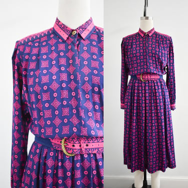 1980s/90s Navy and Hot Pink Patterned Rayon Shirt Dress 