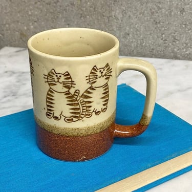 Vintage Cat Mug Retro 1970s Bohemian + Otigiri + Stoneware + Beige and Brown + Tabby + Coffee or Tea + Kitchen Decor + Drinking + Kittens 