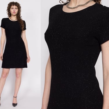 90s Black Metallic Sparkle Mini Dress - Medium to Large | Vintage Slinky Short Sleeve Stretchy Grunge Dress 