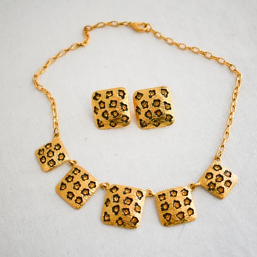 1990s Cheetah Rhinestone Clip Earrings and Necklace Set 