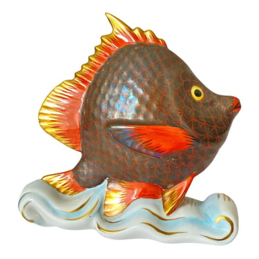 4.5" Herend porcelain figurine, Tropical fish with iridescent glaze, Beach home decor Whimsical beachy condo tabletop accent 