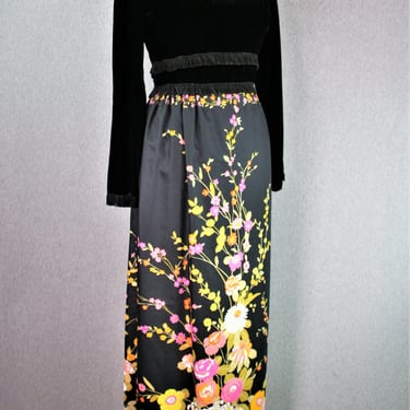 1970s - Black Velvet Bodice, Fringe, Floral Maxi Dress - Mid Century Mod- Size Small 
