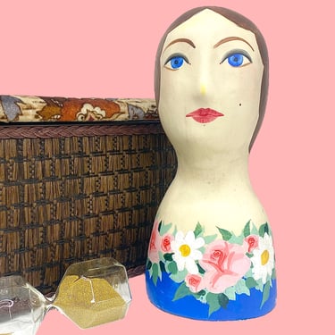 Vintage Womens Bust Hat Stand Retro 1960s Mid Century Modern + Wood w/Paper Mache + Hand Painted + Gemma Taccogna Style + MCM Home Decor 