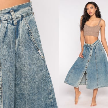 Denim Midi Skirt Jean Skirt 80s Exposed Button Up Jean Skirt Acid Wash Skirt 90s High Waisted A-Line Skirt Retro Vintage Blue Small 6 