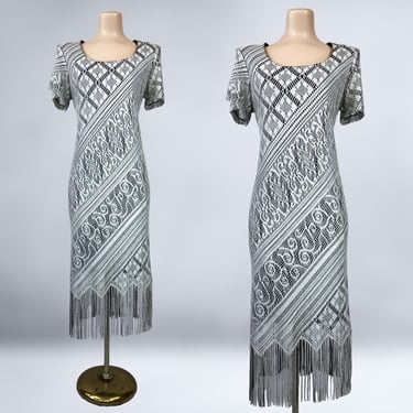VINTAGE 80s does 20s Silver Metallic Crochet Fringe Dress Sz 12 | 1980s Gatsby Retro 1920s Lurex Flapper Dress | VFG 