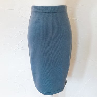 80s Dusty Blue Cotton Knit Sweater Skirt | Medium/28