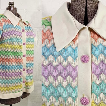 Vintage Rainbow Shirt Flower Buttons Lane Bryant Tall Shop Chevron Top Horizontal Pastel Striped Plus Curvy Volup 1960s 1970s XL 1X 1XL XXL 