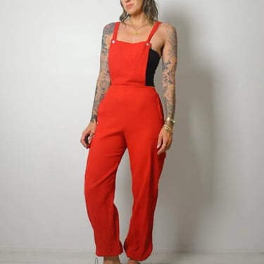 1980's Red Linen Overall Jumpsuit