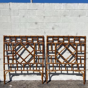 Pair Bamboo Twin Headboards Vintage Rattan Peacock Single Bed Beachy Woven Chinoiserie Boho Chic Bohemian Eclectic CUSTOM PAINT Avail 