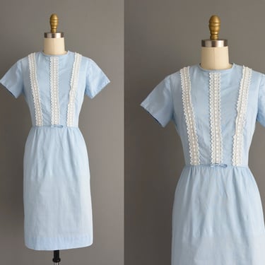 1950s vintage dress | Periwinkle Blue Short Sleeve Cotton Pencil Skirt Dress | Small | 50s dress 