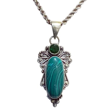 Vintage Southwestern Sterling Silver Rope Chain and Malachite Pendant Necklace 