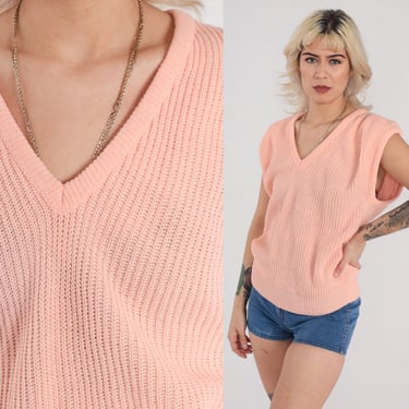 Peach Pink Sweater Vest 80s Knit Tank Top Sleeveless V Neck Knit Shirt Retro Preppy Layering Basic Plain Acrylic Vintage 1980s Medium 