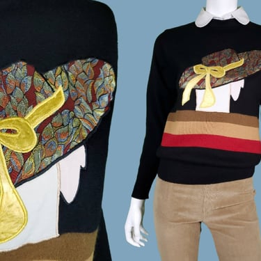 UNIQUE 198Os wool sweater with patchwork & embroidery. High quality dense soft knit warm. Lady with hat. Graphic cubist imagery. Ooak! (S/M) 