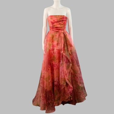 THEIA Size 2 Burgundy Polyester Abstract Floral Strapless Long Evening Gown