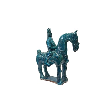 Vintage Distressed Dark Green Glaze Ceramic Soldier Riding Horse Figure ws3783E 