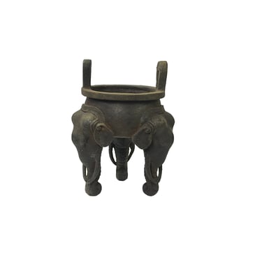 Rustic Iron Mixed Metal Elephant Head Trunk Tri-Legs Ding Display Figure ws3539E 
