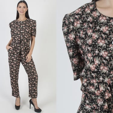 Womens Black Floral Playsuit, Vintage 90s Grunge Jumpsuit, Skinny Leg Maxi Pant Suit 