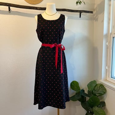 Y2K Black Square Polka Dot Fit & Flare Red Ribbon Bow Tie Dress Size 8 Holiday 