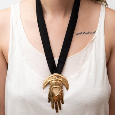 Brass Moon Hamsa Mirror Necklace