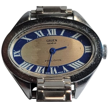 Gruen Geneve Precision Swiss Blue Gold Silver Horizontal Oval 17 Jewel Wind M31 