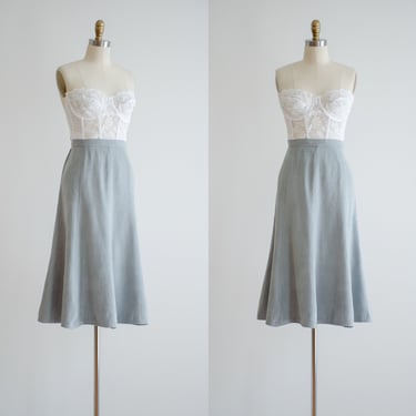 vegan suede midi skirt | 90s vintage light gray microsuede faux leather fit and flare skirt 