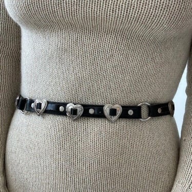 Vintage 1990s Womens Black Leather Silver Heart Studded Western Hippie Belt 31 