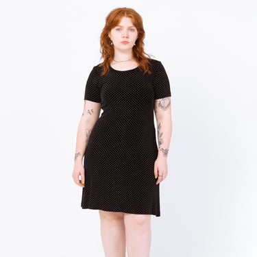 Vintage 90s Black & White Polka Dot Slinky Mini Dress - Medium | Short Sleeve Stretchy Scoop Neck Grunge Dress 