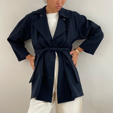 90s Perry Ellis trench coat / vintage navy blue wool gabardine belted double breasted short car trench coat | Medium 