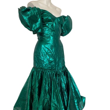 1980's Vintage PROM DRESS metallic emerald green lame  vintage prom dress // strapless metallic cocktail party gown, metallic prom dress s m 