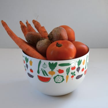 Vintage Enameled Bowl with Vegetable Design by Kaj Franck and Heikki Orvola for Arabia, Finland 